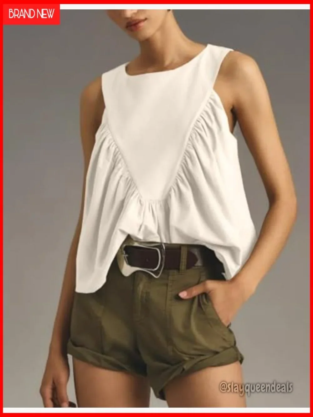 Peplum Babydoll Top Shirred Swing Tank Tops Pleated Flowy Loose Fit Ruffled Vest - Picture 3 of 7